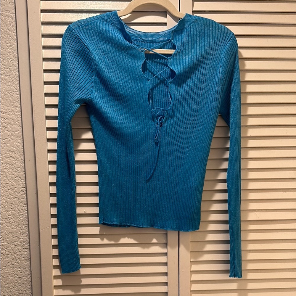Mango Blue Ribbed Long Sleeve Tie Front Blouse